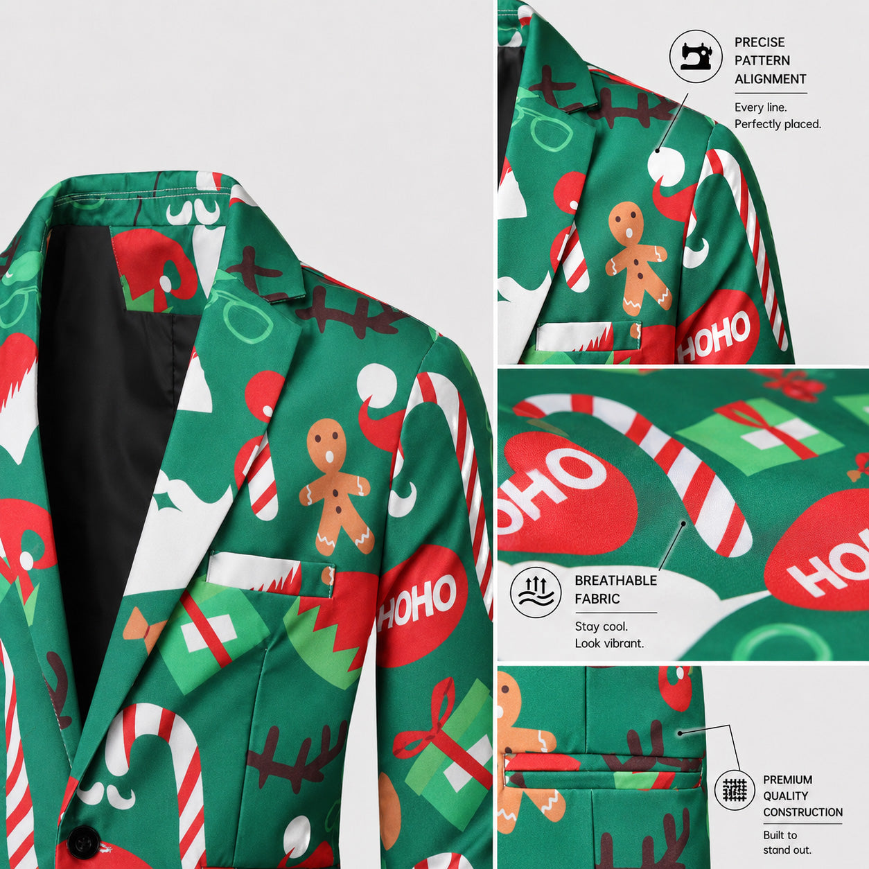 Close-up details of breathable fabric and pattern alignment on green Christmas printed suit jacket by WISHOLIC