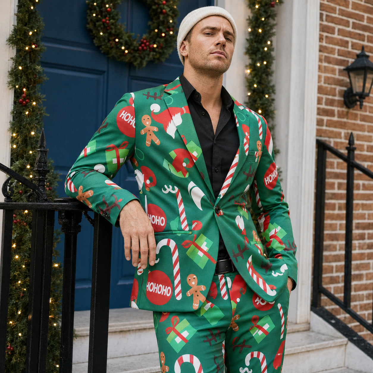 Men's green Christmas patterned printed suit set featuring candy canes and gingerbread men by WISHOLIC
