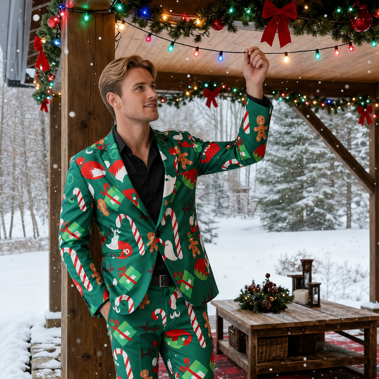 Man wearing green Christmas printed festive suit outdoors in winter snow setting by WISHOLIC