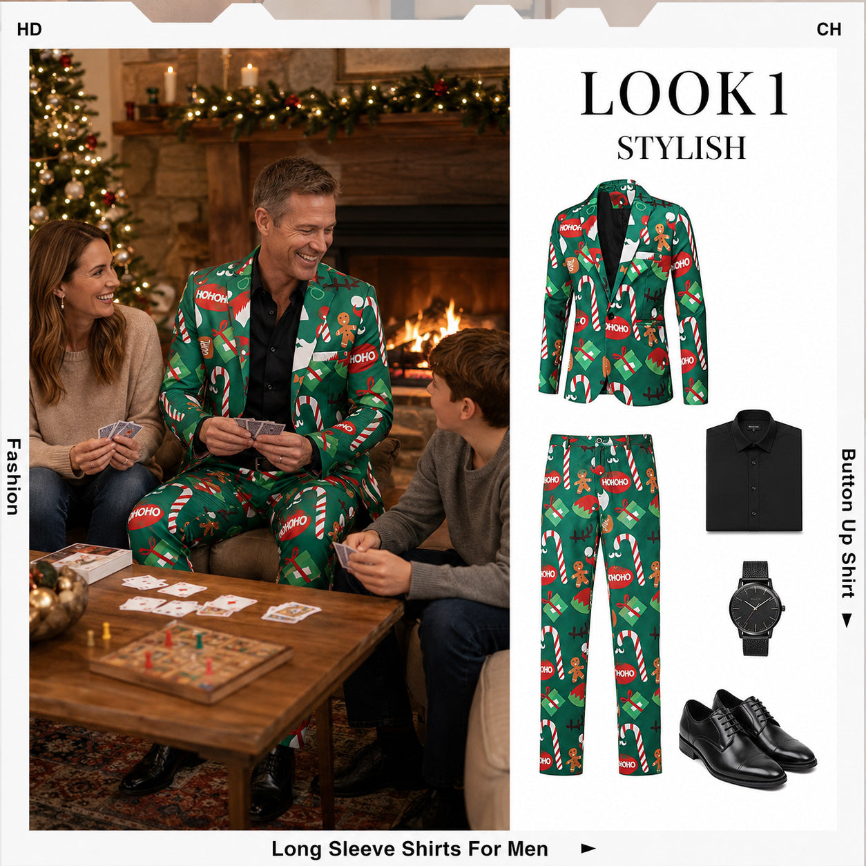 Christmas green printed suit set styling guide with black shirt and shoes by WISHOLIC