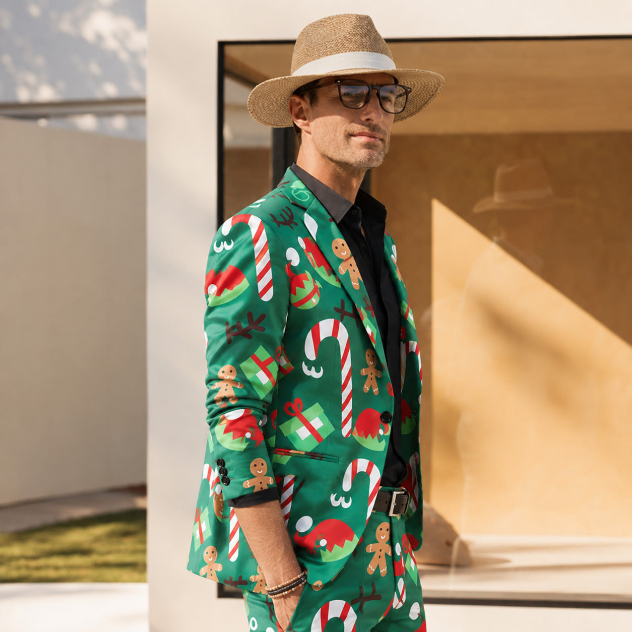 Side view of men's green Christmas holiday printed blazer suit with straw hat by WISHOLIC