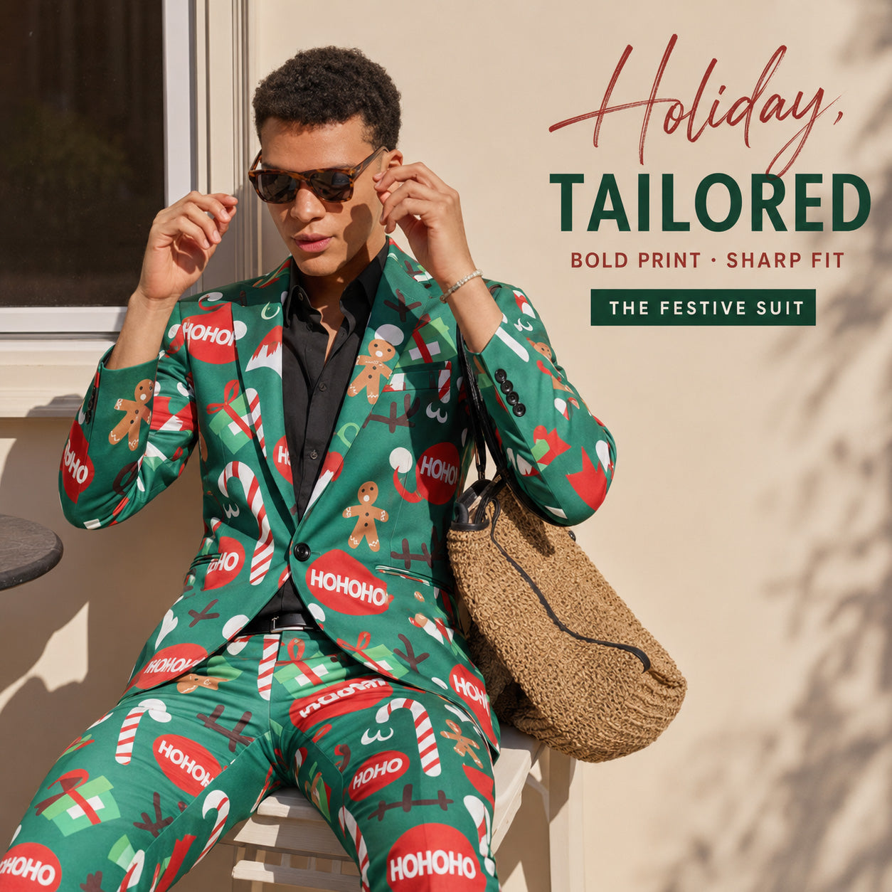 Model sitting wearing green Christmas holiday tailored printed suit and sunglasses by WISHOLIC