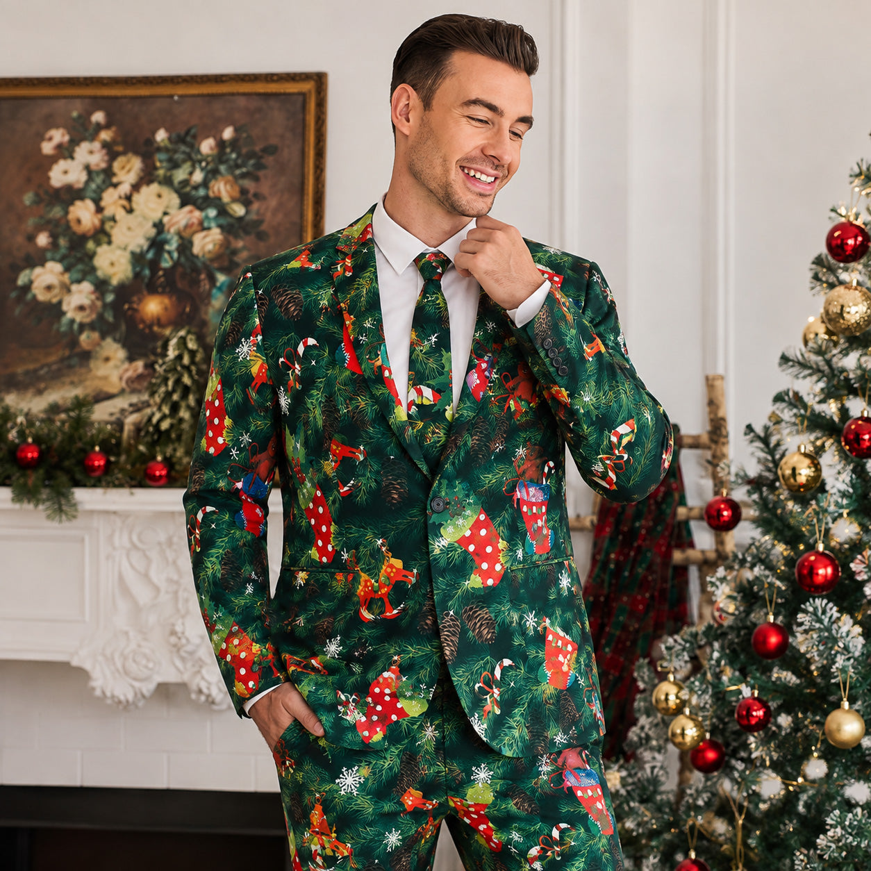 Model wearing a green Christmas pine tree printed suit with matching printed tie by WISHOLIC