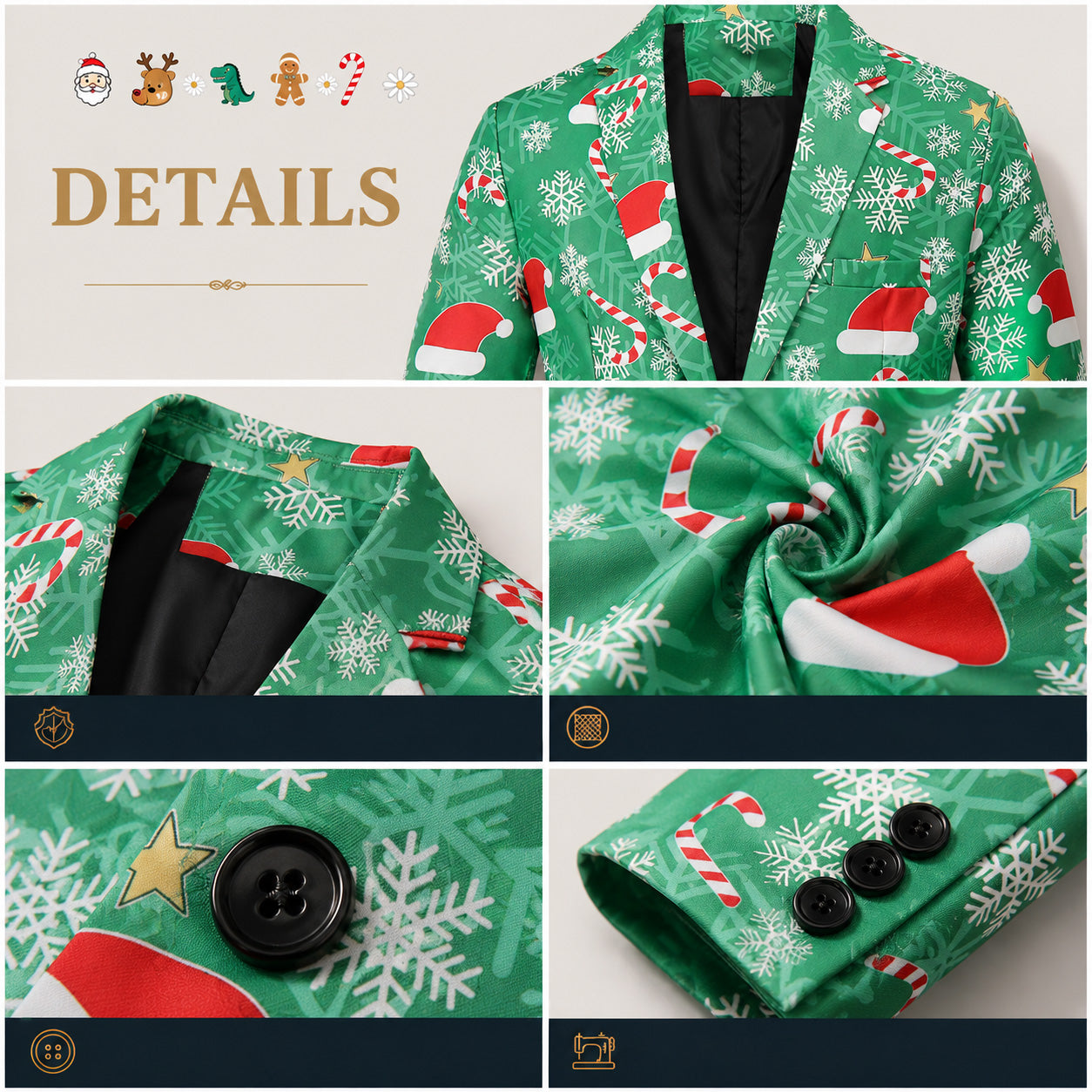 Close-up details of fabric, buttons, collar, and cuff on green Christmas printed suit by WISHOLIC