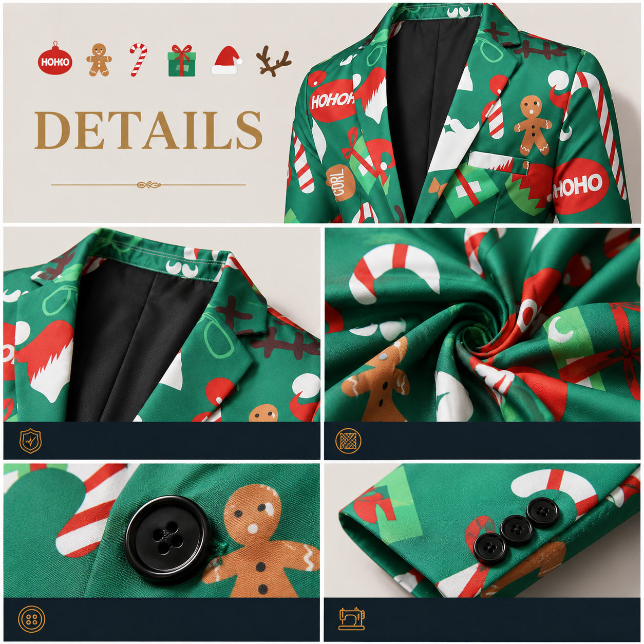 Close-up details of fabric, buttons, and stitching on green Christmas printed suit jacket by WISHOLIC