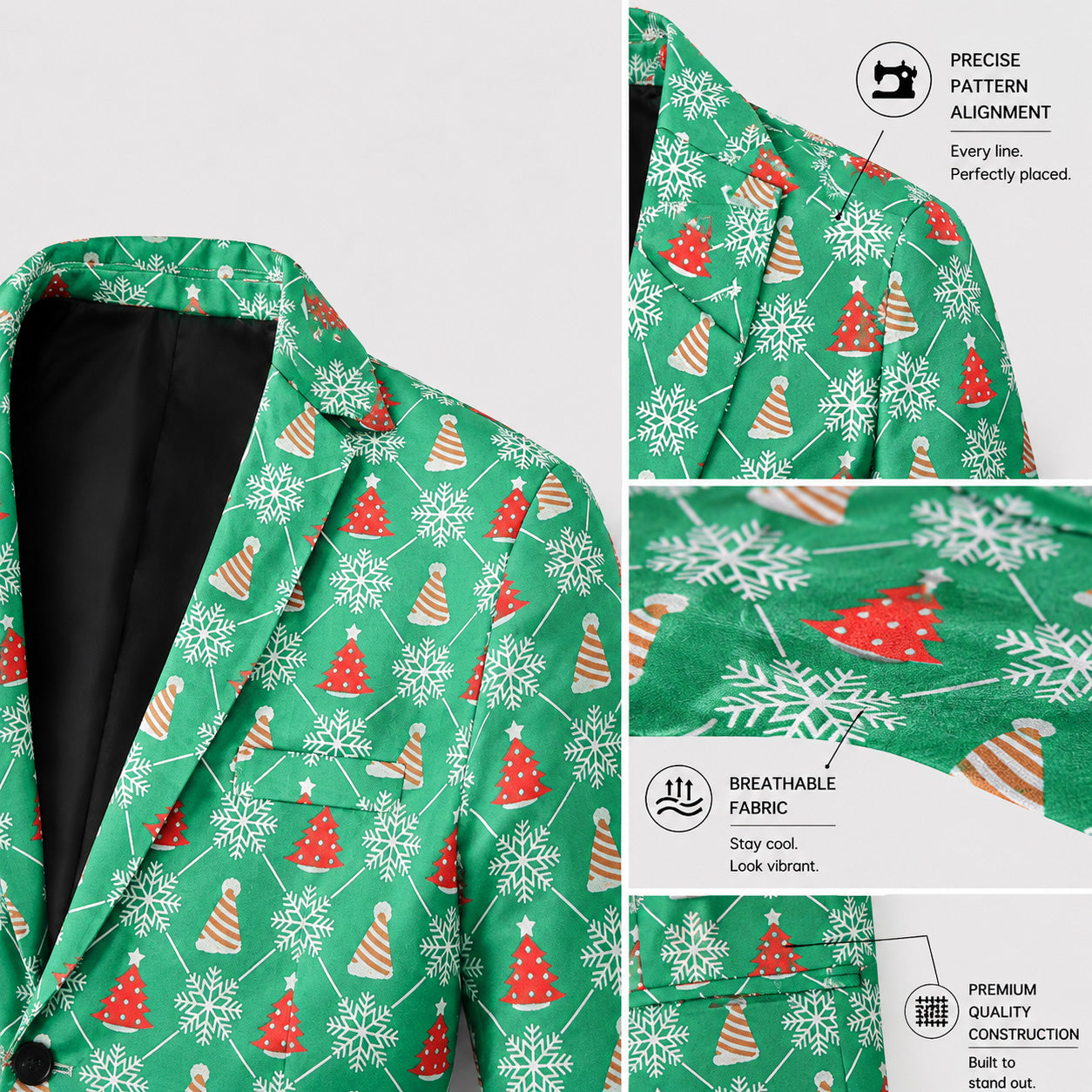 Detailed close-up showing breathable fabric and precise pattern alignment on green Christmas suit jacket