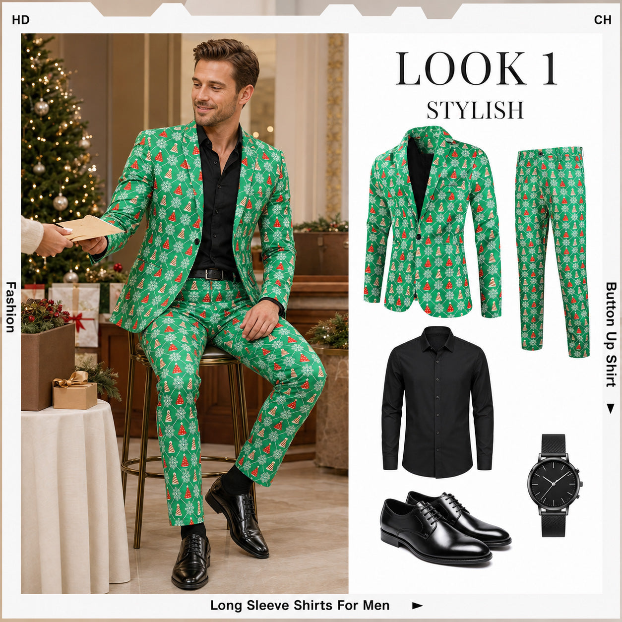 Stylish men's green Christmas suit jacket and pants pairing guide with black dress shirt and shoes