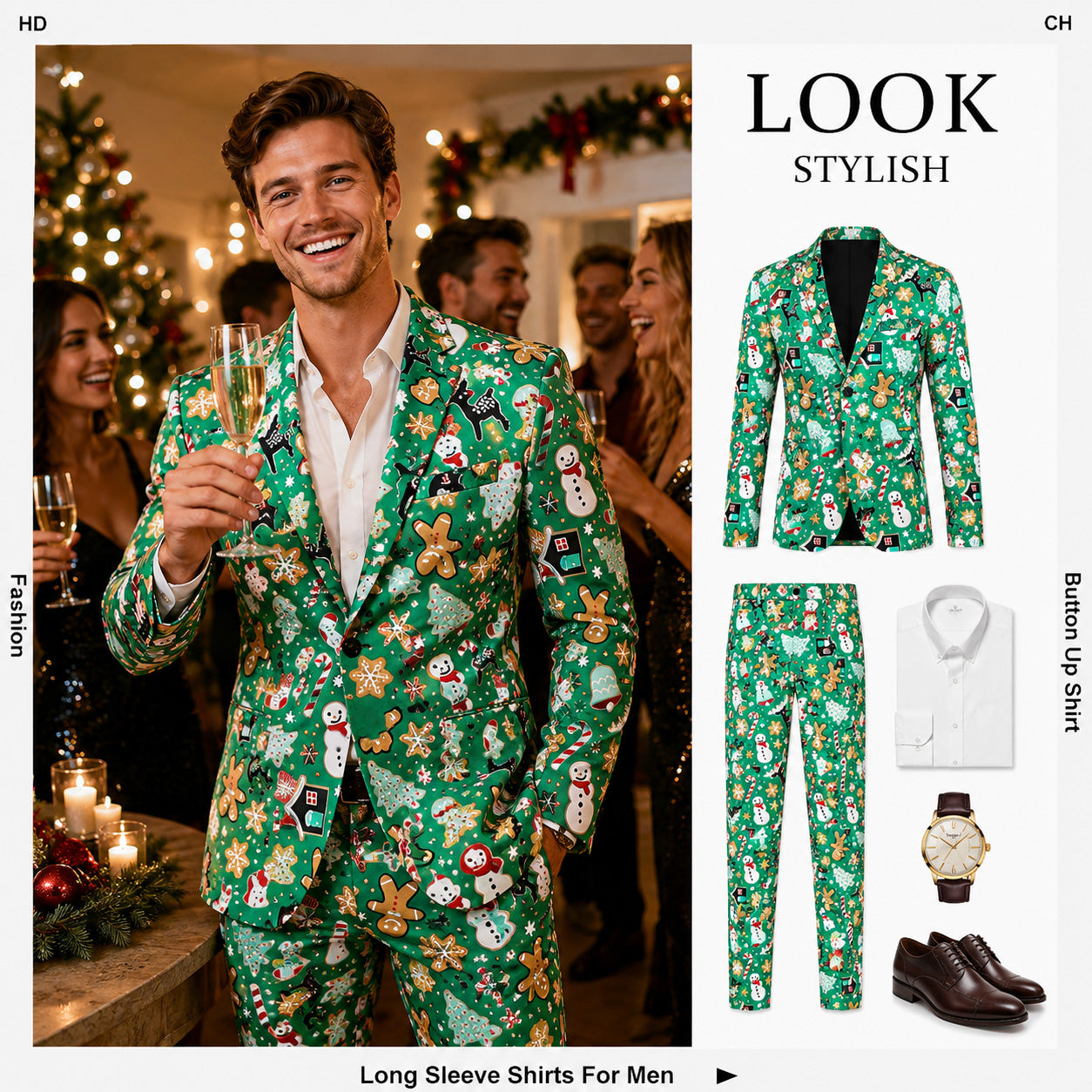 Full holiday outfit lookbook featuring a green christmas printed suit jacket and matching pants with dress shoes.