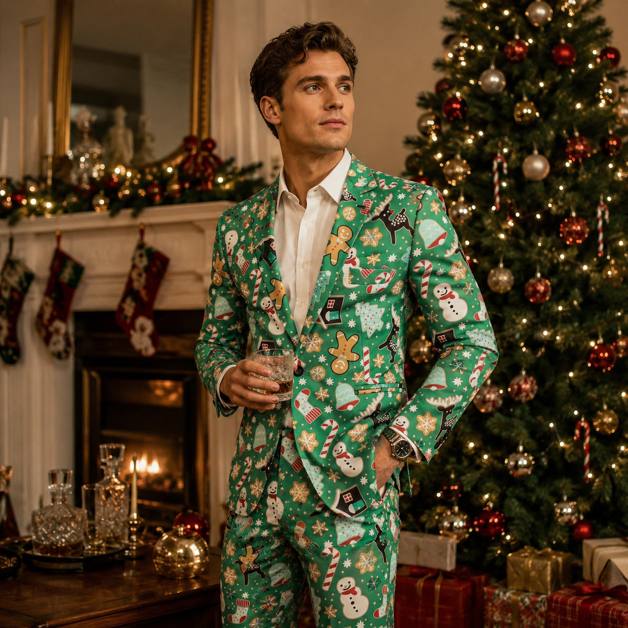 A man wearing a green holiday christmas printed suit holding a drink by the fireplace and christmas tree.