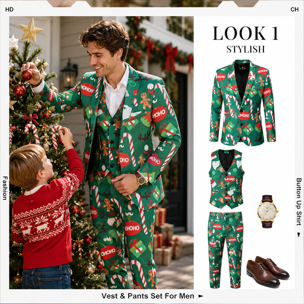 Christmas suit outfit ideas featuring green printed blazer, vest, and matching pants set by WISHOLIC