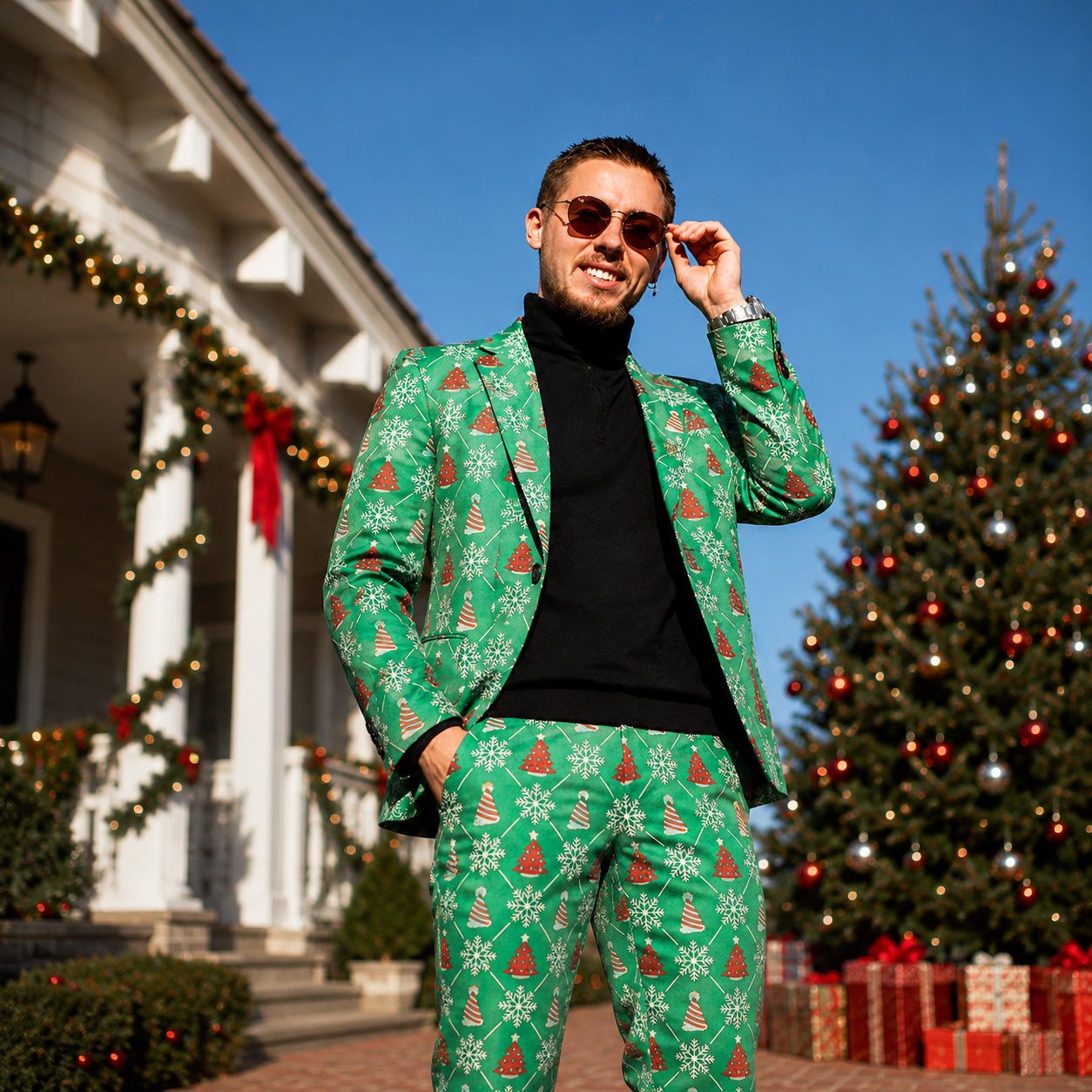 Man in a green holiday Christmas printed suit with tie standing near a wooden cabin