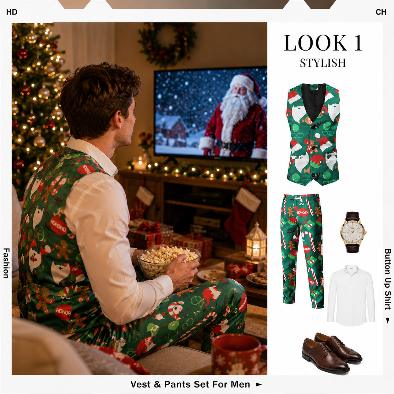 Man relaxing at home in green Christmas printed vest and trousers set by WISHOLIC