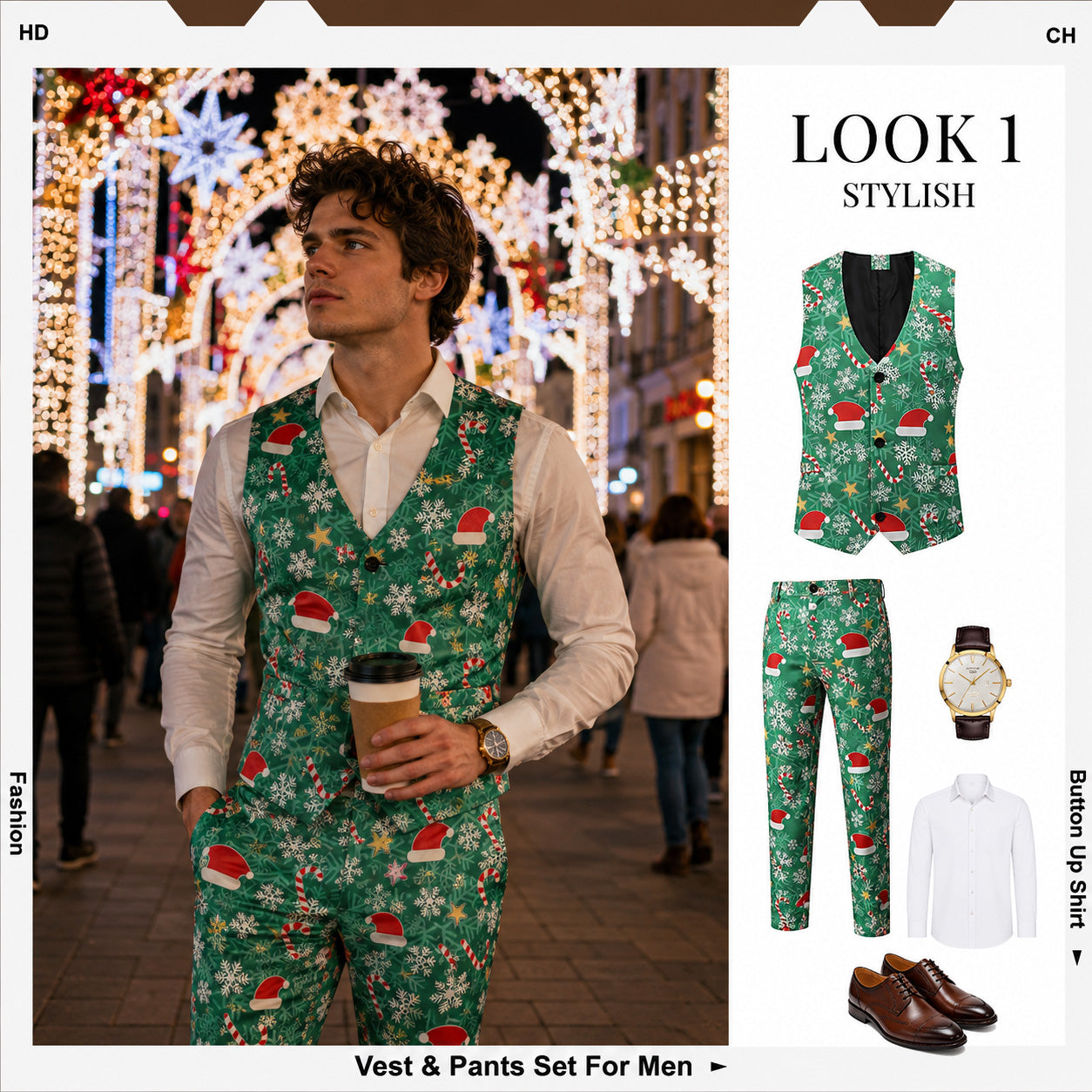 Model wearing green Christmas pattern vest and matching trousers set by WISHOLIC