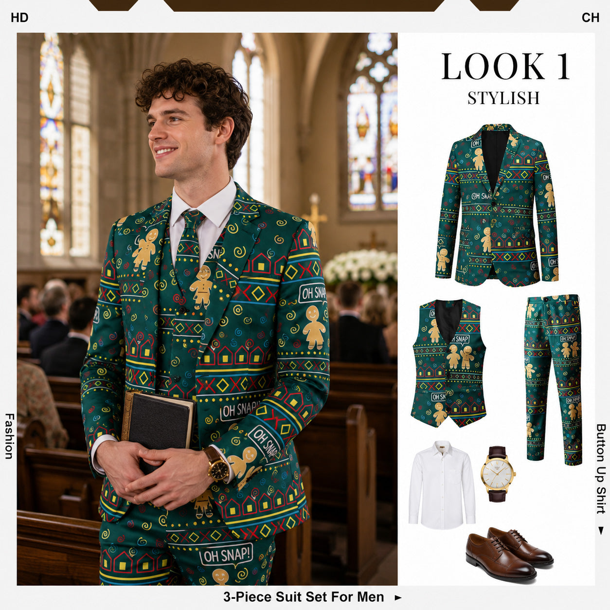 Men's 3-piece green gingerbread Christmas printed suit set breakdown with jacket, vest, and trousers by WISHOLIC.