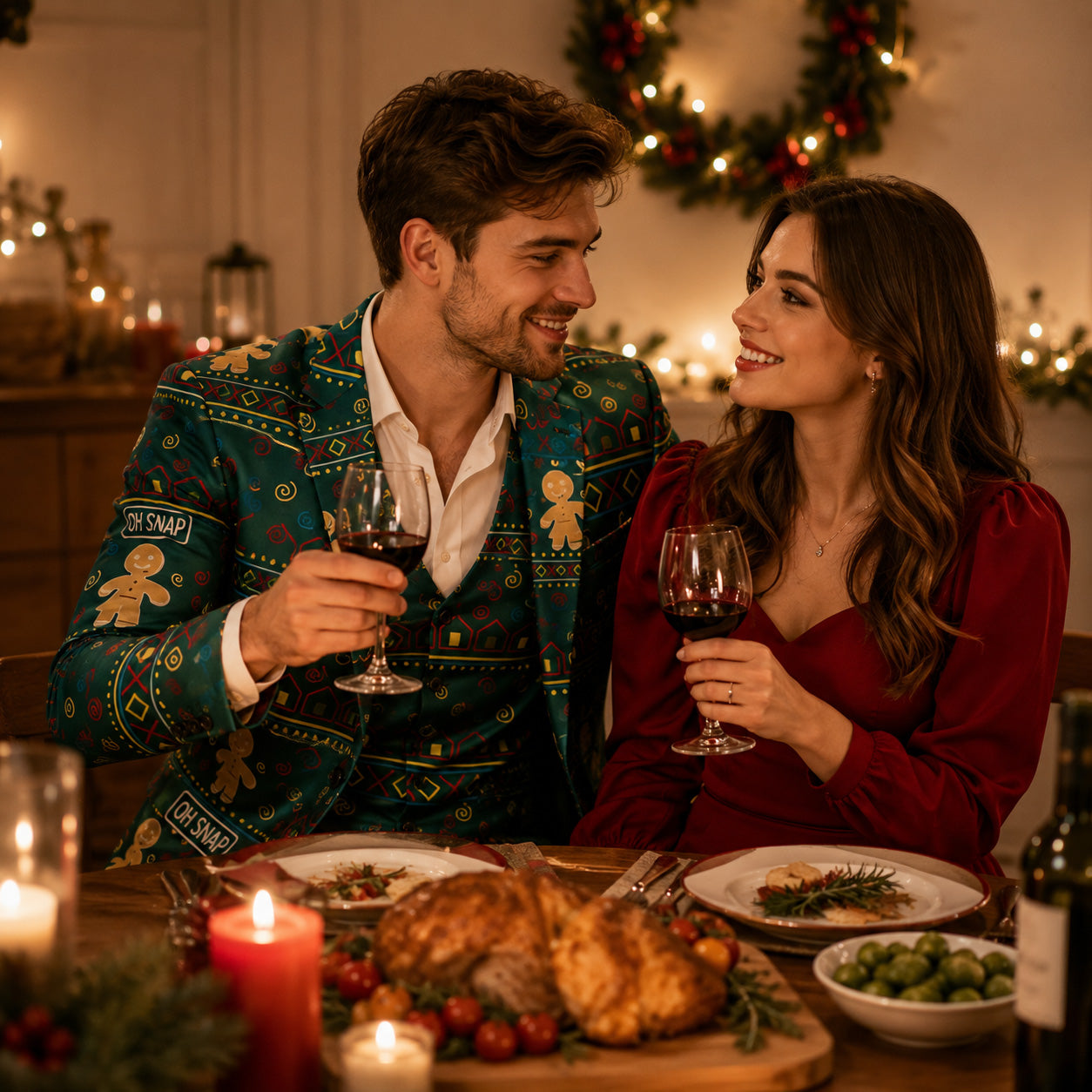 Man wearing WISHOLIC green Christmas gingerbread printed suit jacket during a festive holiday dinner date.