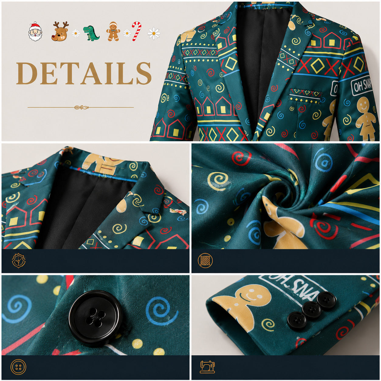 Close-up detail of fabric, lapel, buttons, and sleeve craftsmanship on WISHOLIC green gingerbread Christmas printed suit.