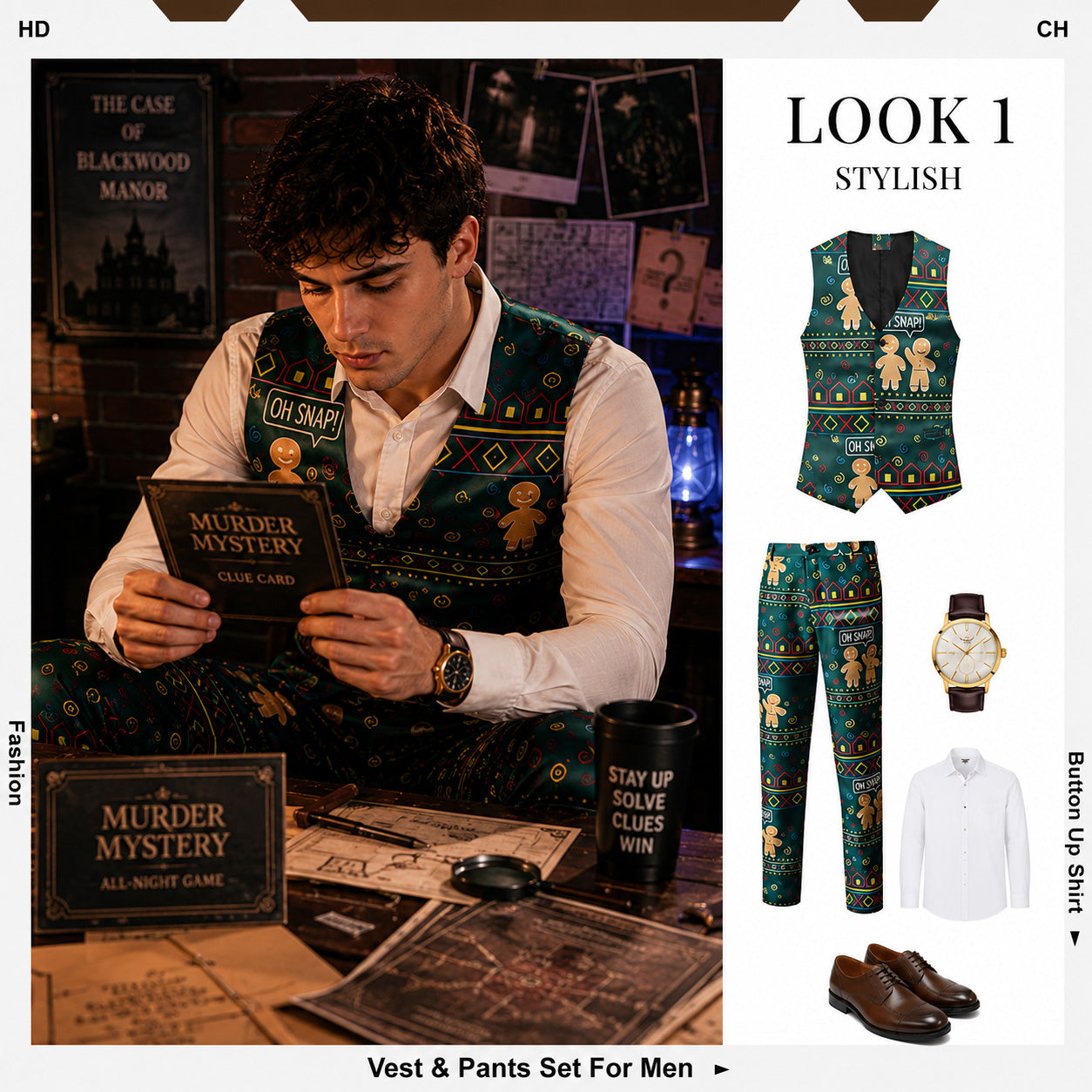 WISHOLIC green gingerbread Christmas printed vest and trousers set layout with accessories.