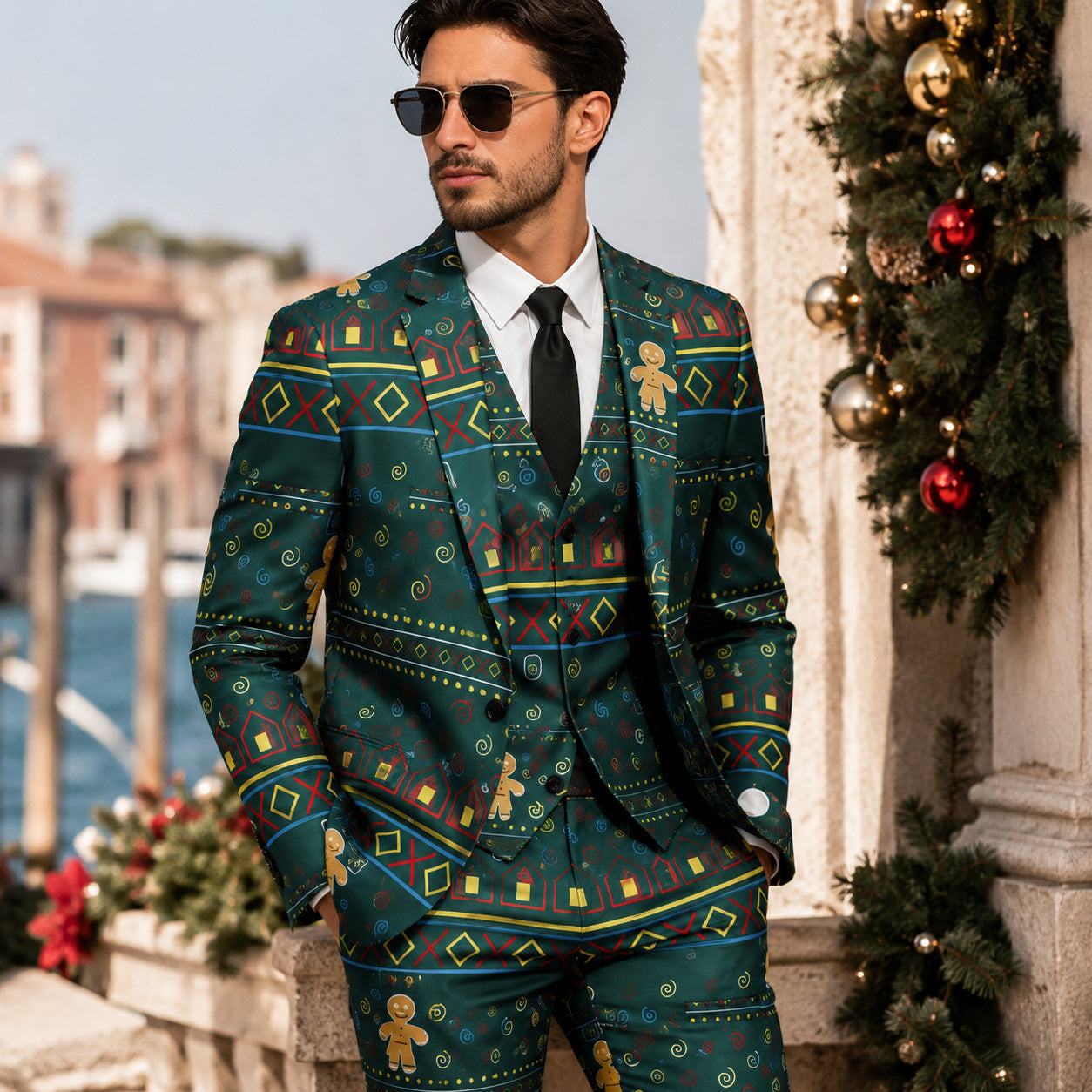 Model styling WISHOLIC green gingerbread Christmas printed suit with black tie and sunglasses outdoors.