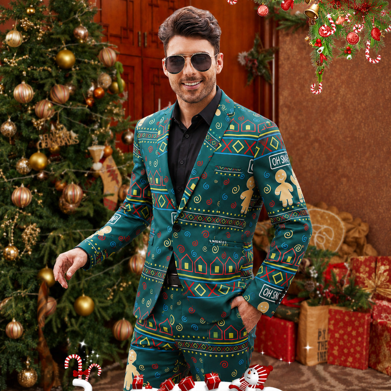 Men's green gingerbread print Christmas suit set with blazer and trousers in indoor holiday setting - WISHOLIC