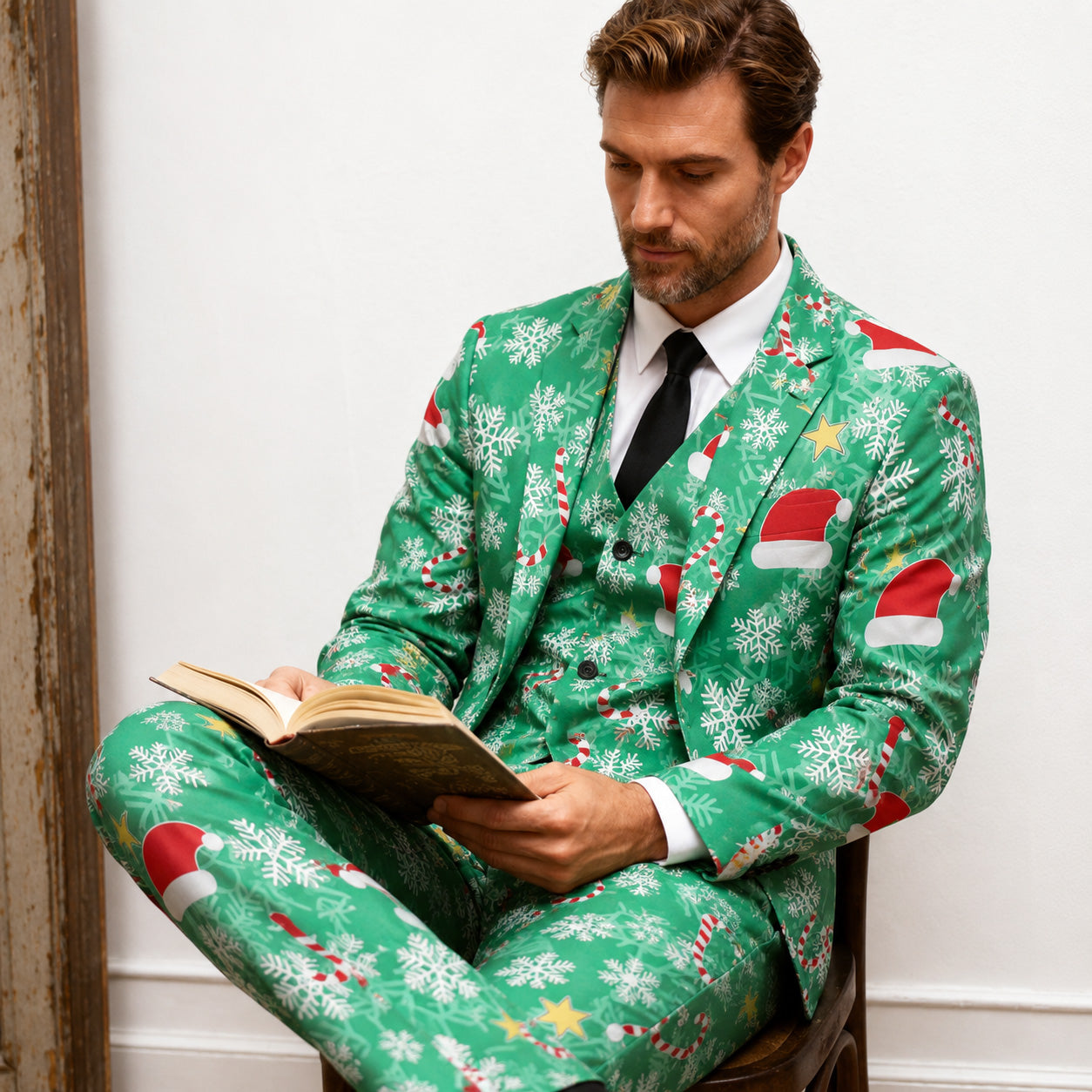 Two men posing outdoors, one wearing a green Christmas printed suit set by WISHOLIC