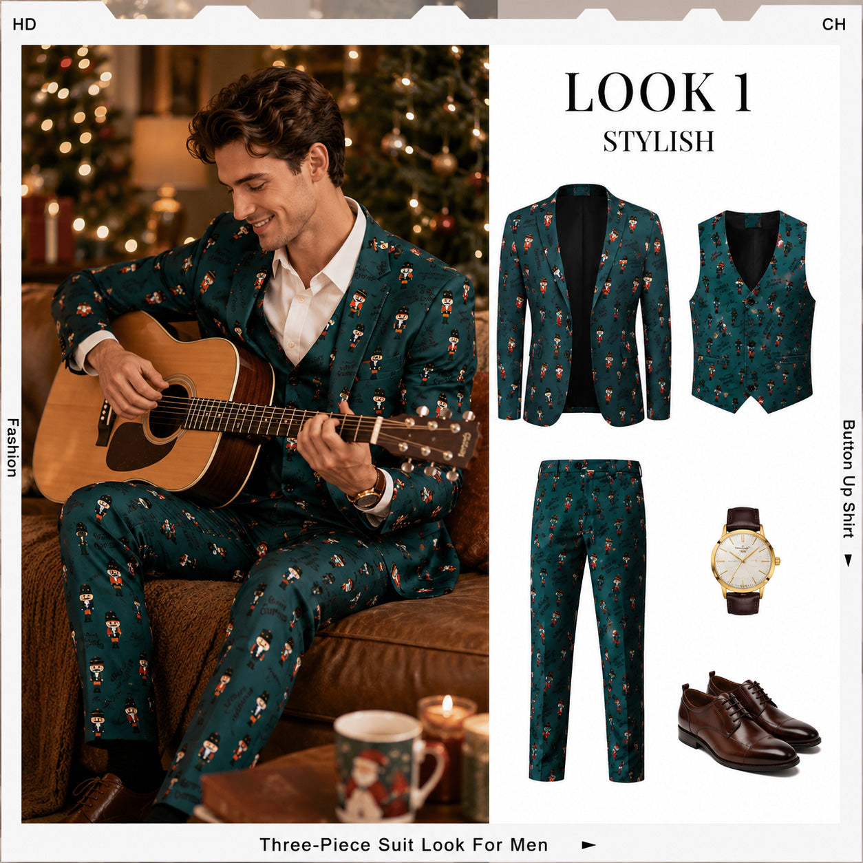Three-piece green nutcracker Christmas suit outfit styling guide with jacket, vest, and pants by WISHOLIC