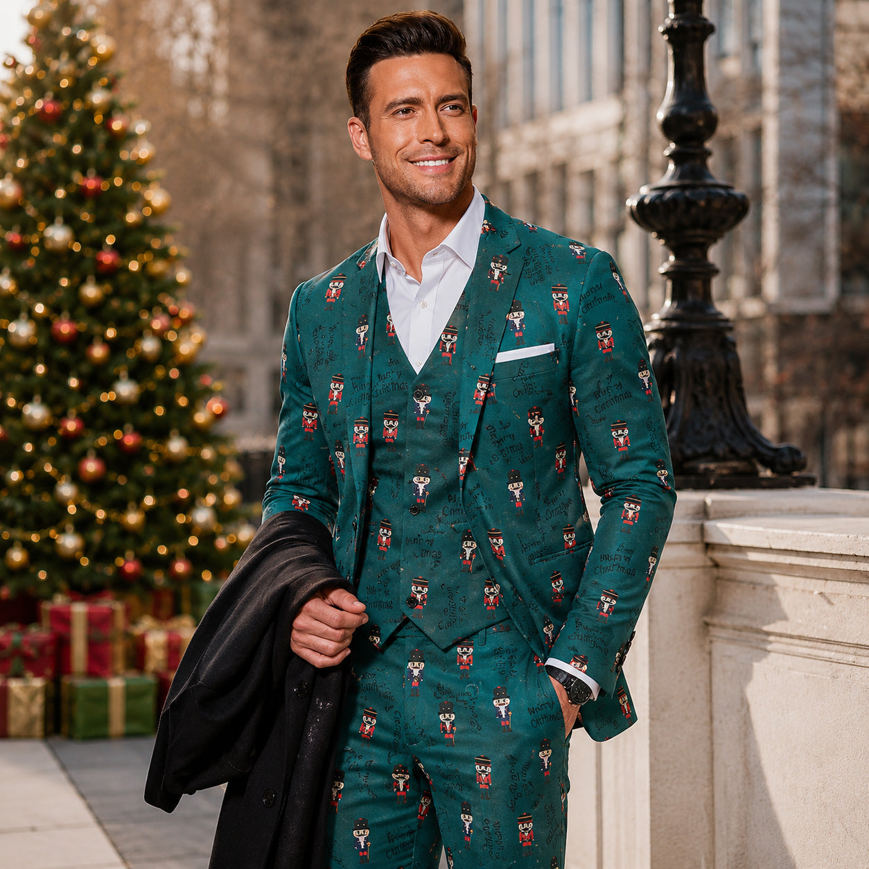 Men's green nutcracker printed 3-piece Christmas suit with jacket, vest, and trousers by WISHOLIC