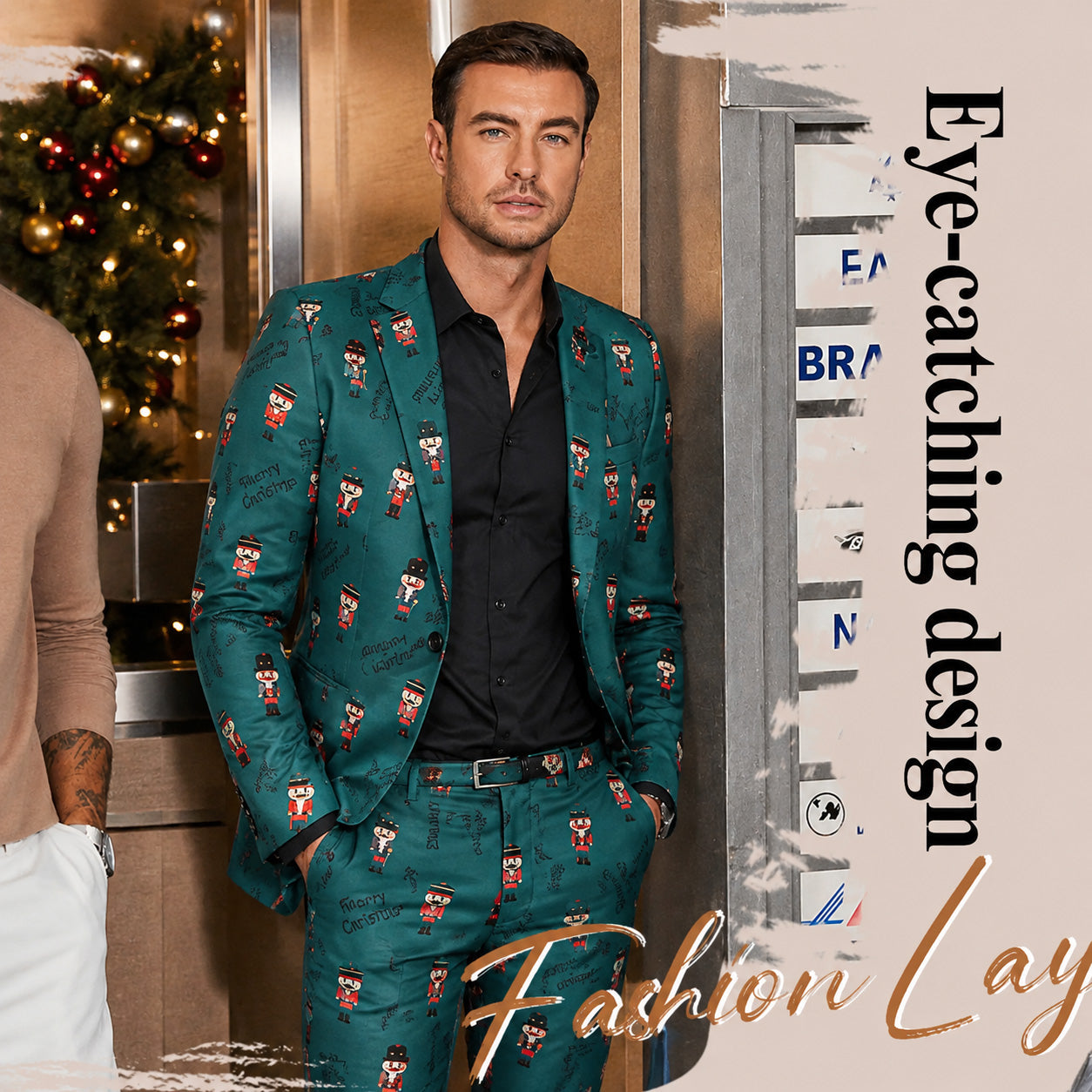 Model wearing a green nutcracker printed suit with black dress shirt, by WISHOLIC
