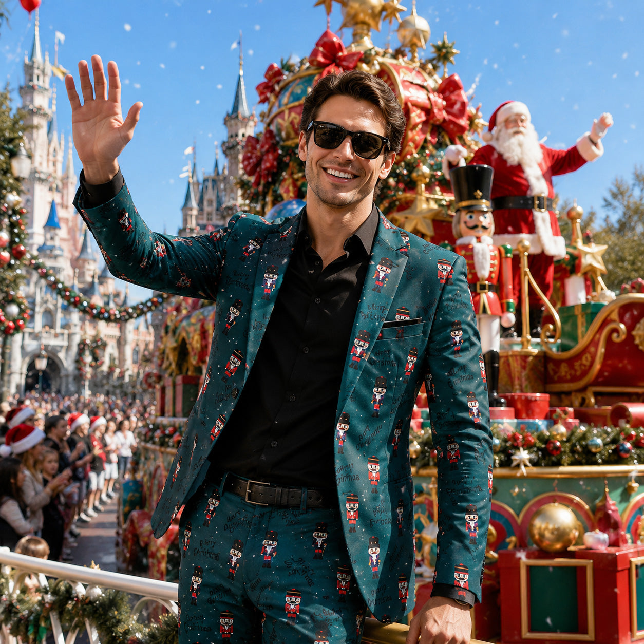 Man wearing a green Christmas nutcracker printed suit waving at a holiday parade, by WISHOLIC