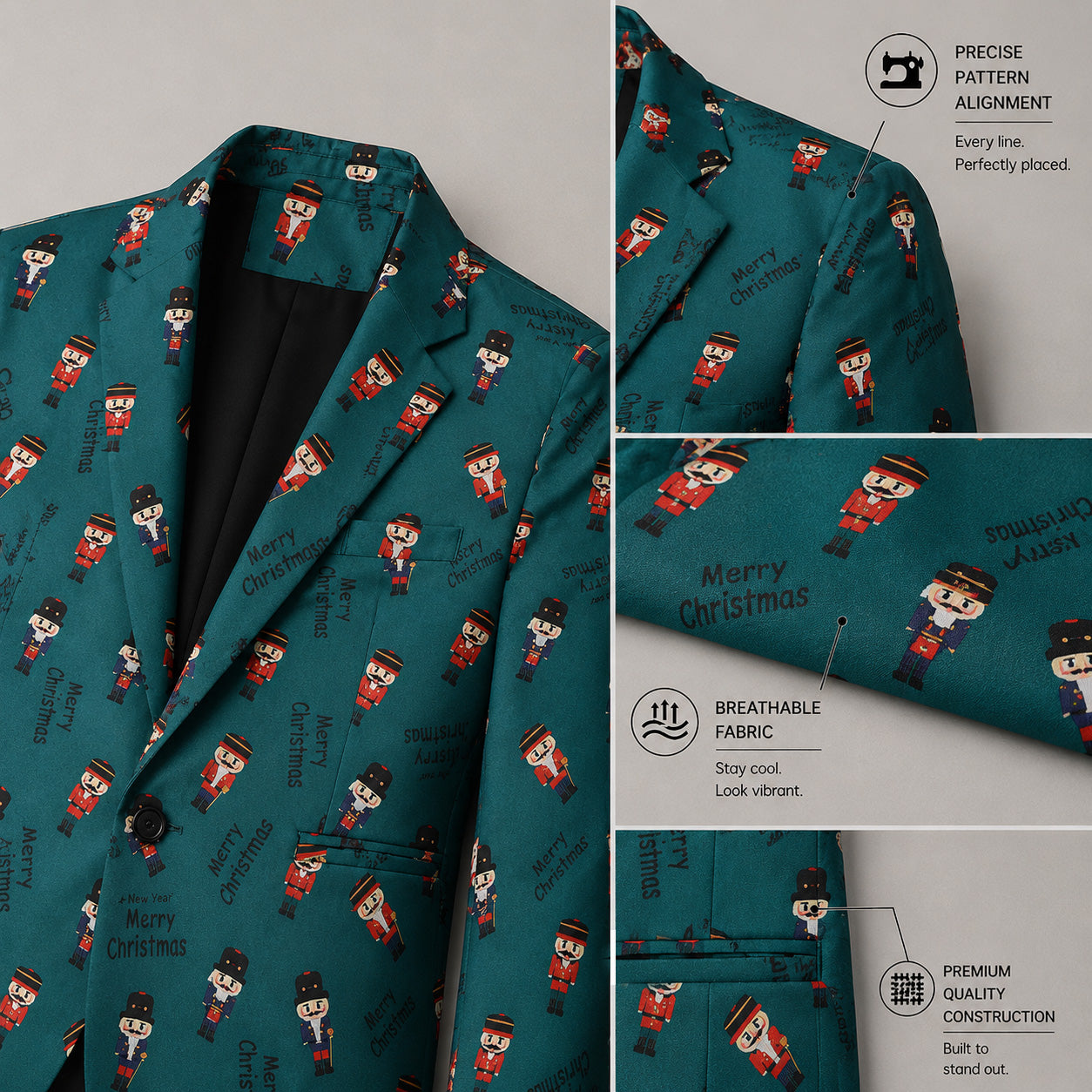Close-up details of pattern alignment, fabric quality, and stitching on green nutcracker suit, by WISHOLIC