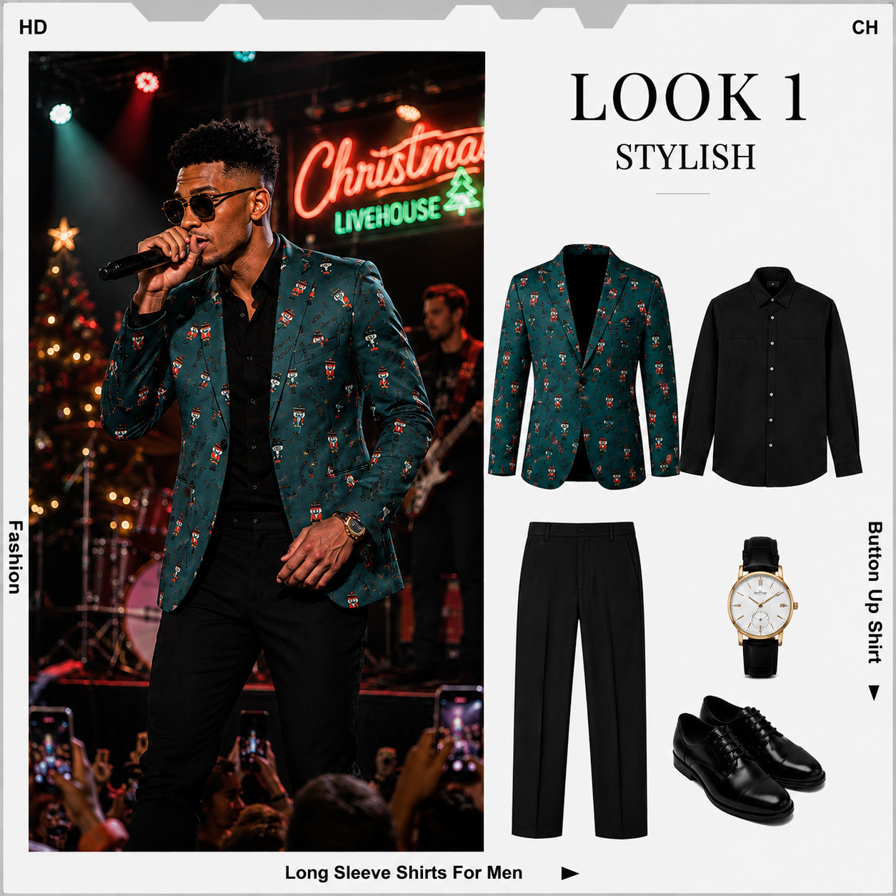 Singer on stage wearing green nutcracker printed suit jacket paired with black trousers, by WISHOLIC