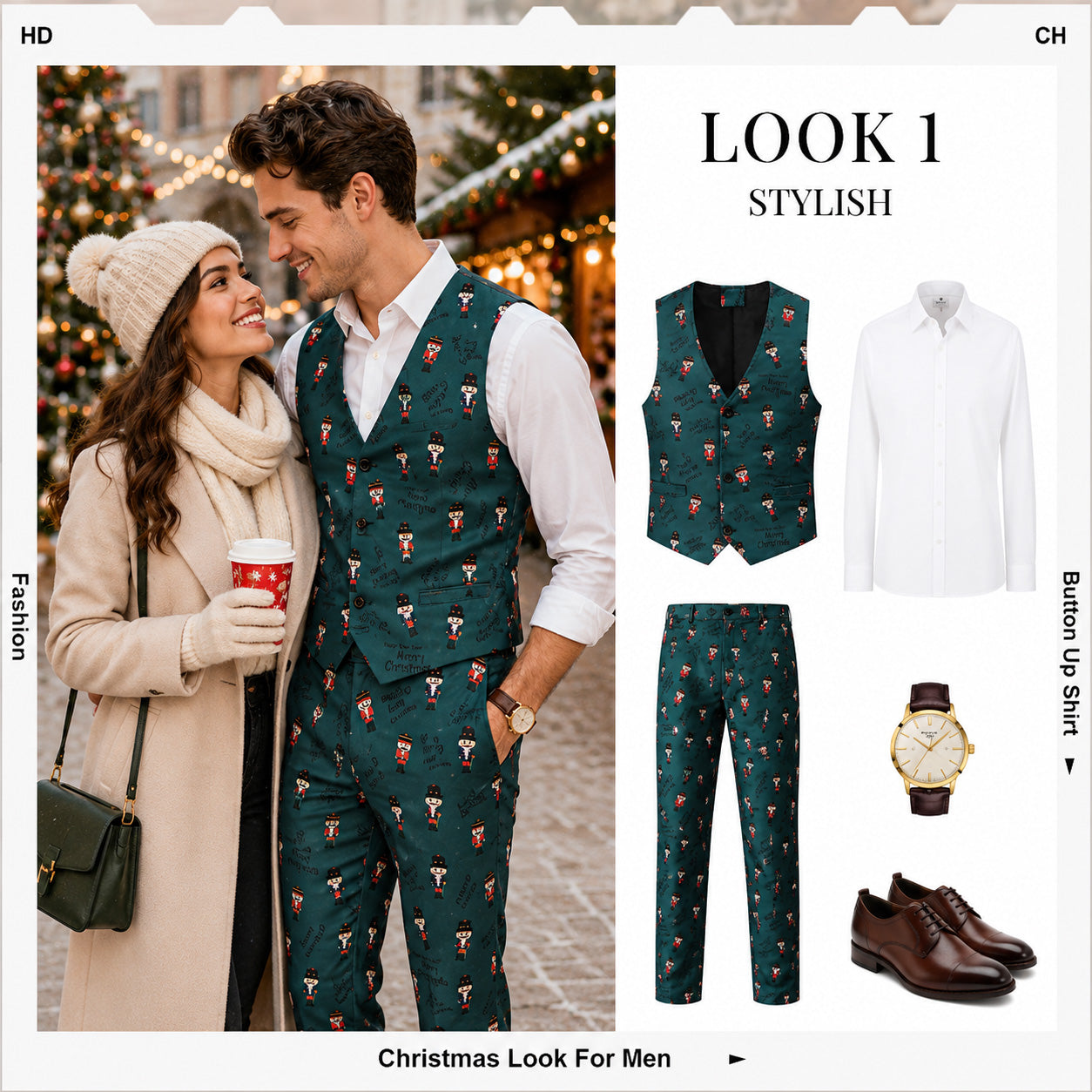 Men's holiday couple style featuring a green nutcracker print suit vest and trousers set by WISHOLIC