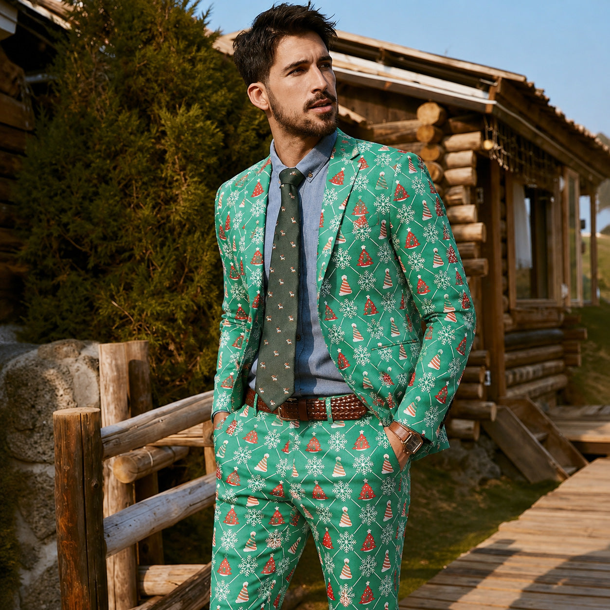 Man wearing a green Christmas tree and snowflake print suit with sunglasses in front of a holiday decorated house