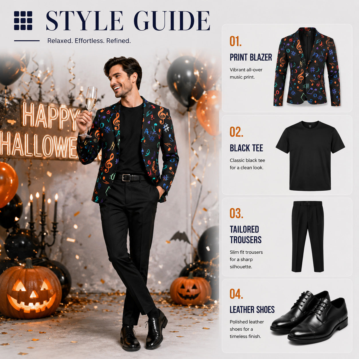 Wisholic style guide for a men's Halloween party outfit, featuring a vibrant music print blazer paired with a classic black tee, tailored trousers, and black leather shoes.