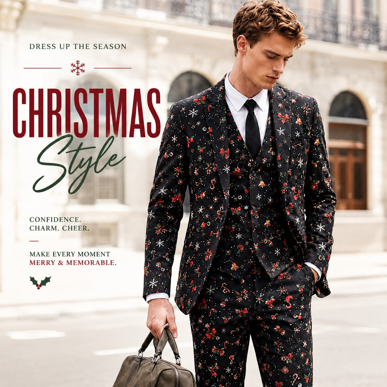 Man holding a leather bag wearing a black Christmas pattern suit with text Dress Up The Season Christmas Style.
