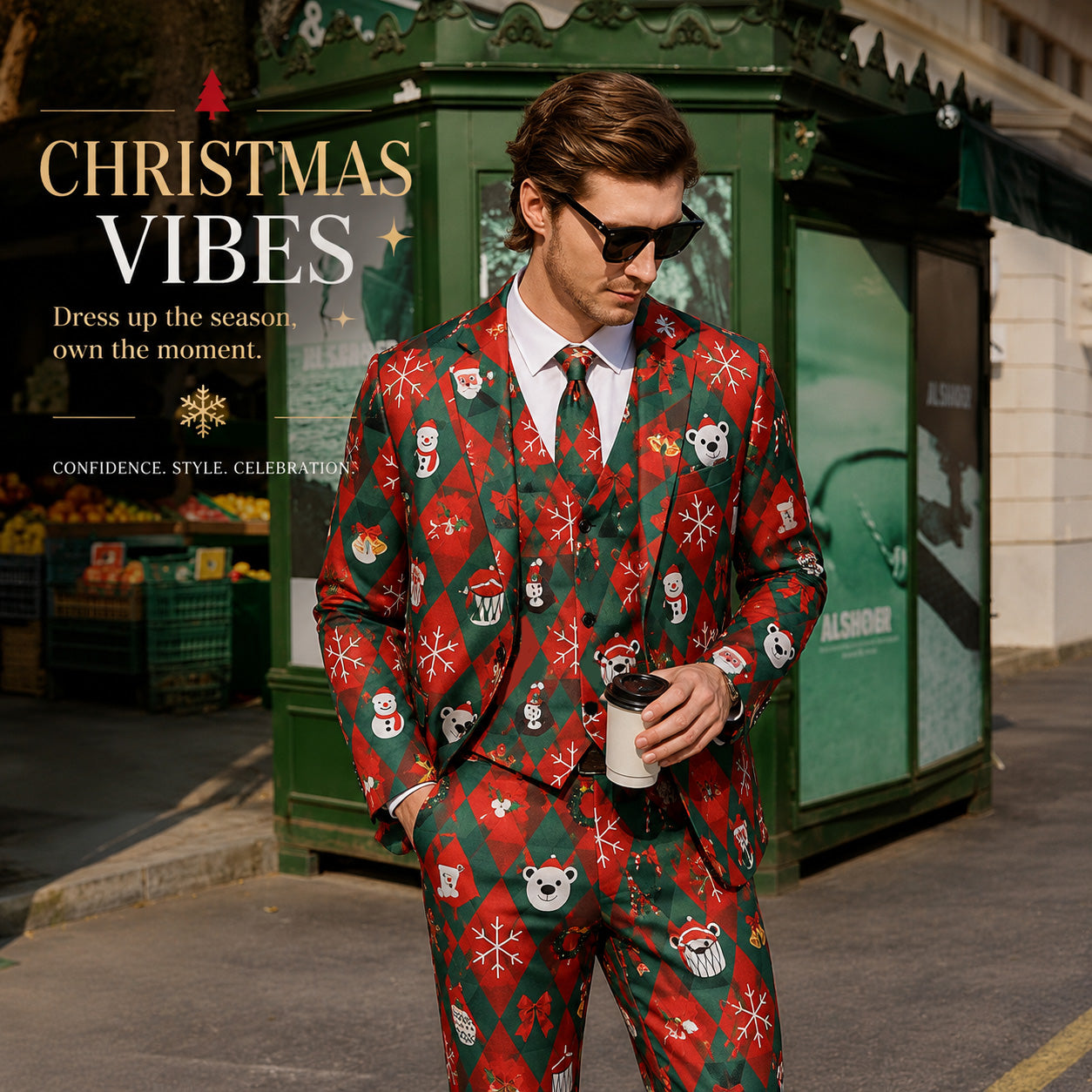 Stylish man in Christmas print 3-piece suit holding coffee, festive fashion look - WISHOLIC