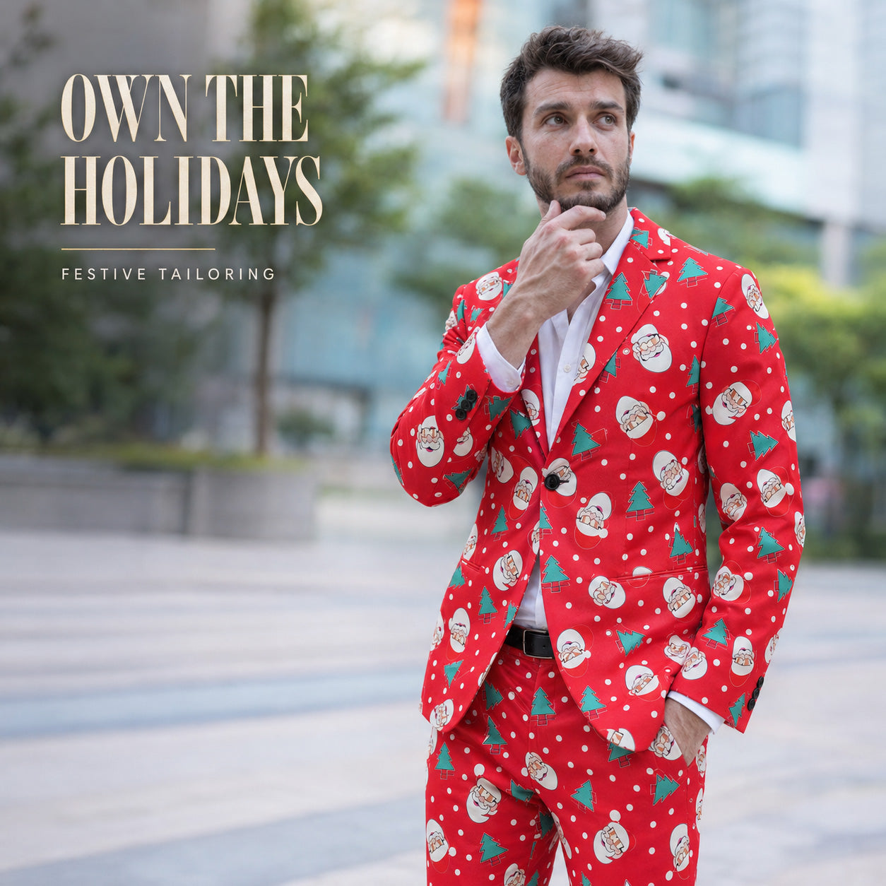 Men's festive tailoring red Christmas suit jacket close up - WISHOLIC