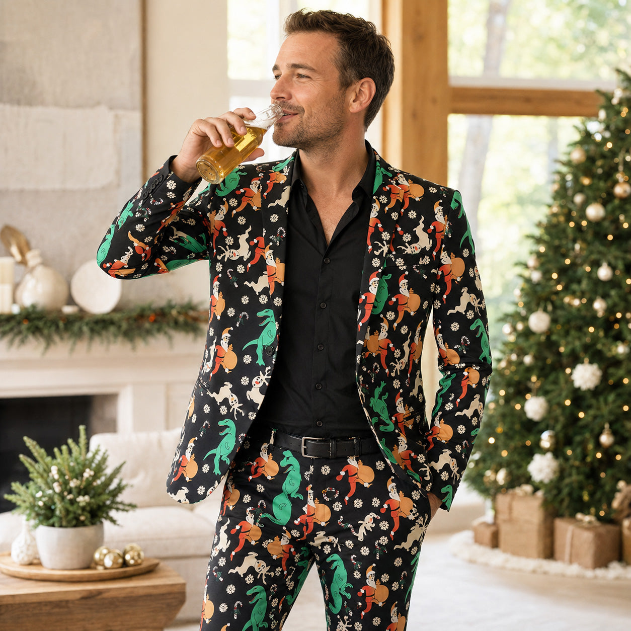 Men's festive Christmas printed 2-piece suit set with Santa and dinosaur pattern | WISHOLIC