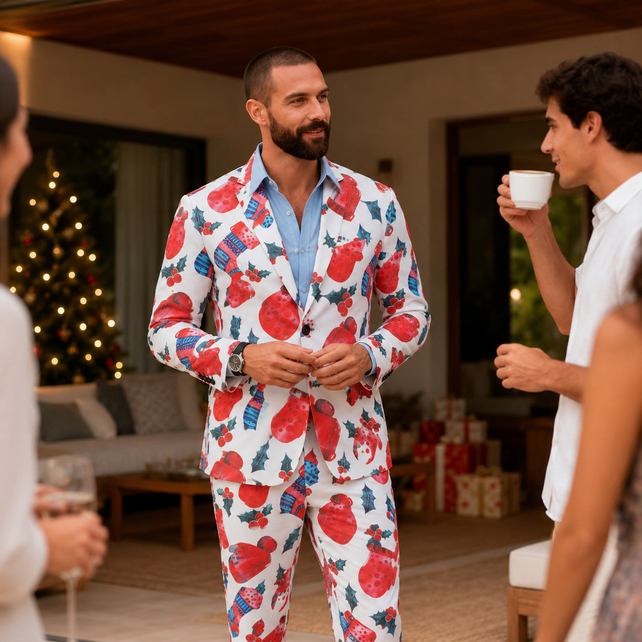 Man socializing at a holiday party wearing a printed Christmas suit with festive red glove and hat pattern.