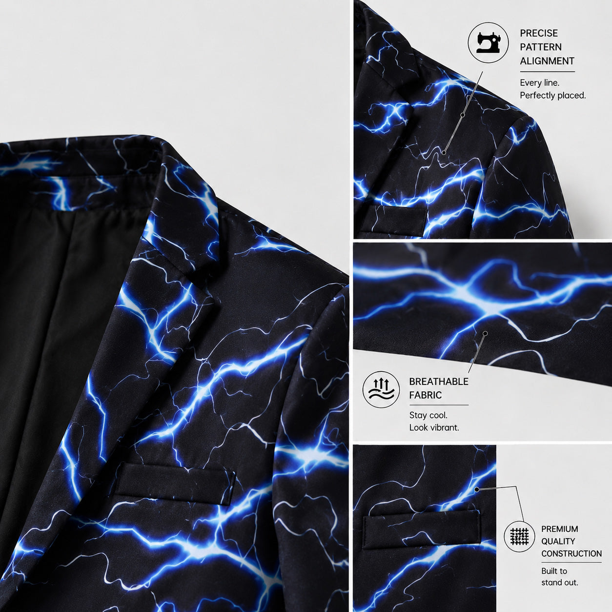Infographic showing fabric close-ups of the men's lightning suit, highlighting precise pattern alignment, breathable fabric, and premium quality construction.