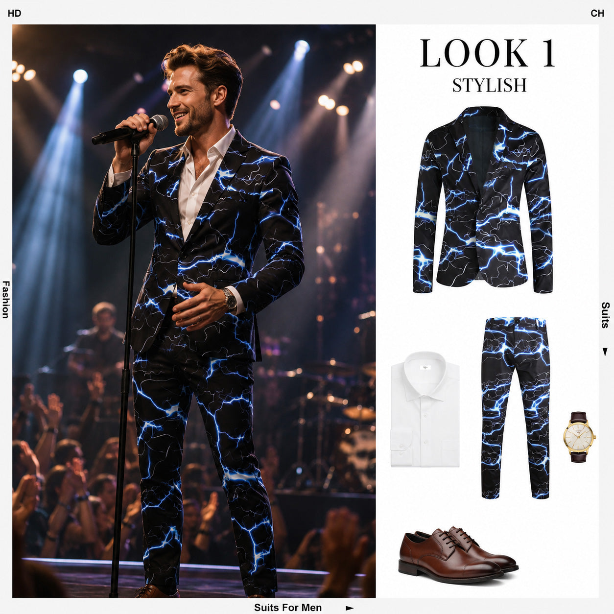Shopify fashion lookbook page showing a man driving a convertible car in a lightning suit, paired with a white shirt, brown oxford shoes, and a leather watch.