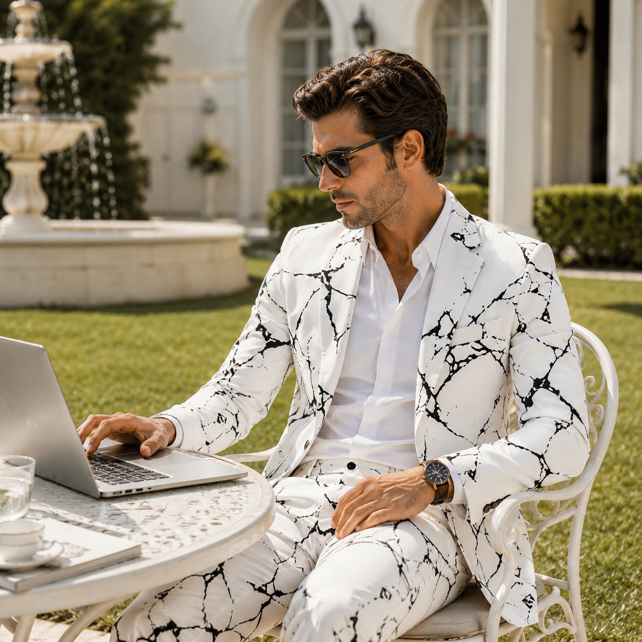 Side view of a man in a white marble printed blazer and matching trousers working on a laptop outdoors in a garden setting.