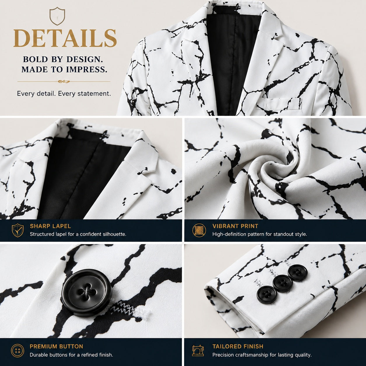 Close-up details of a luxury men's printed suit highlighting the sharp lapel, vibrant high-definition marble pattern fabric, premium black buttons, and tailored finish.