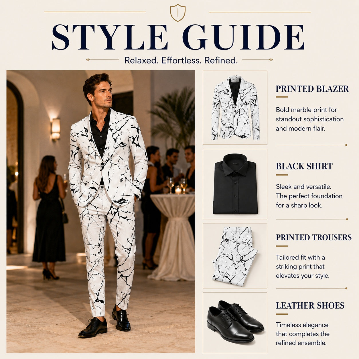 Style guide infograph for a men's printed suit showing how to style a marble blazer and trousers with a premium black button-down shirt and leather dress shoes.