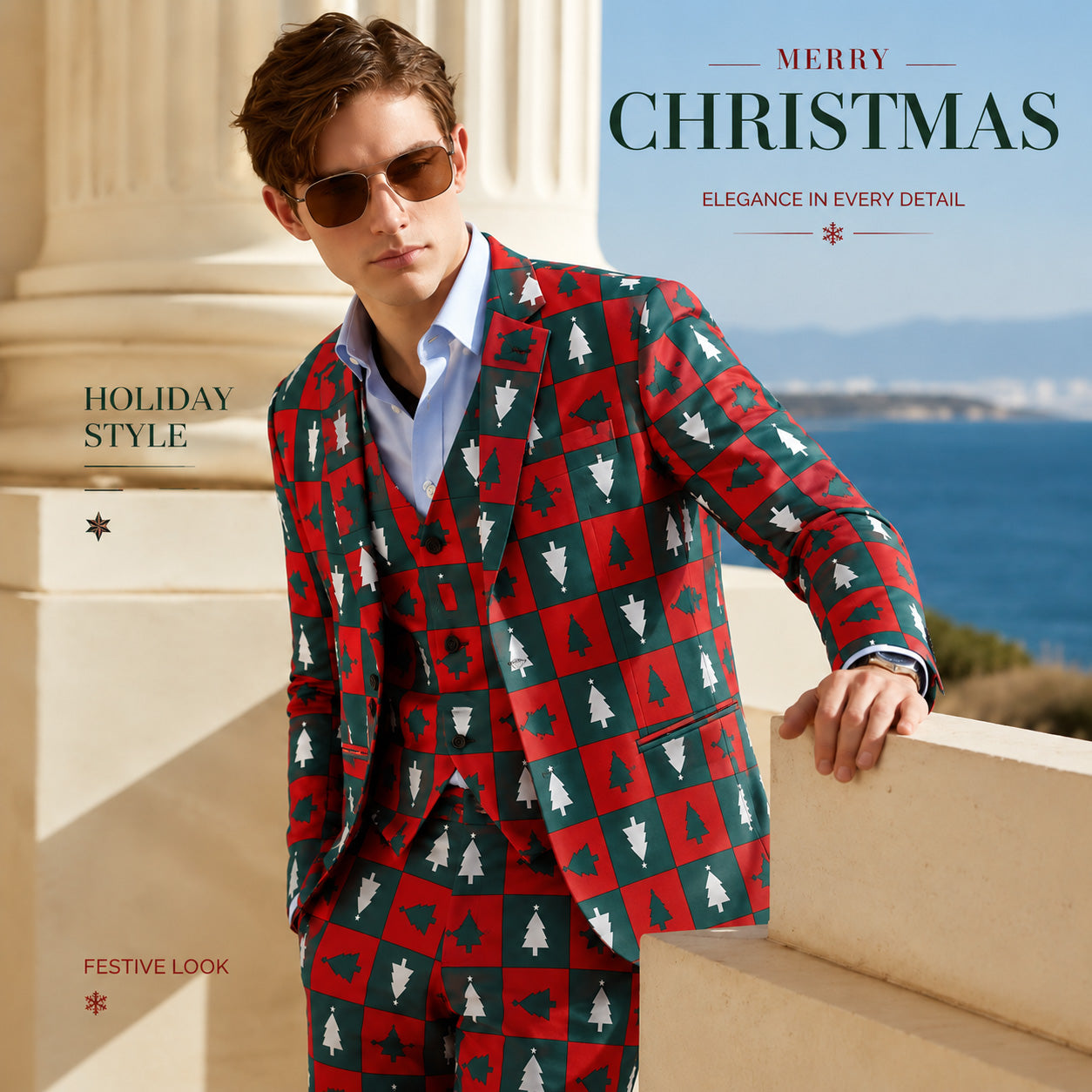 WISHOLIC men's elegant Christmas suit featuring red and green tree grid pattern