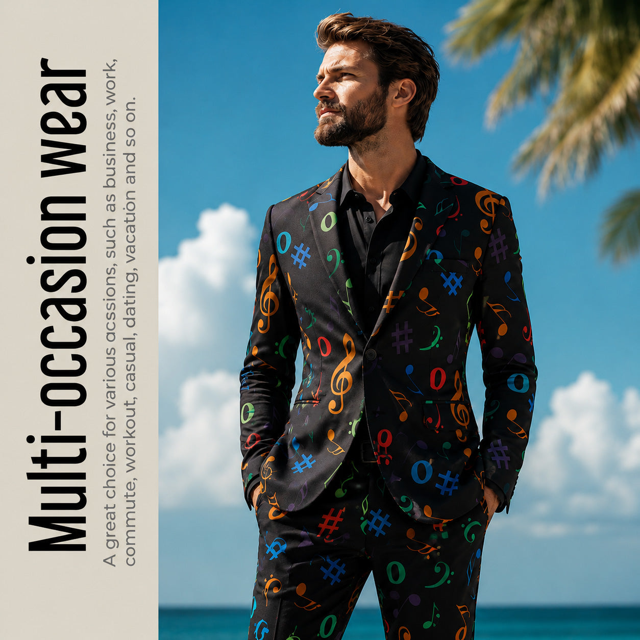 A stylish man modeling a Wisholic multi-occasion musical note printed suit during a beach vacation with a blue sky and palm trees background.