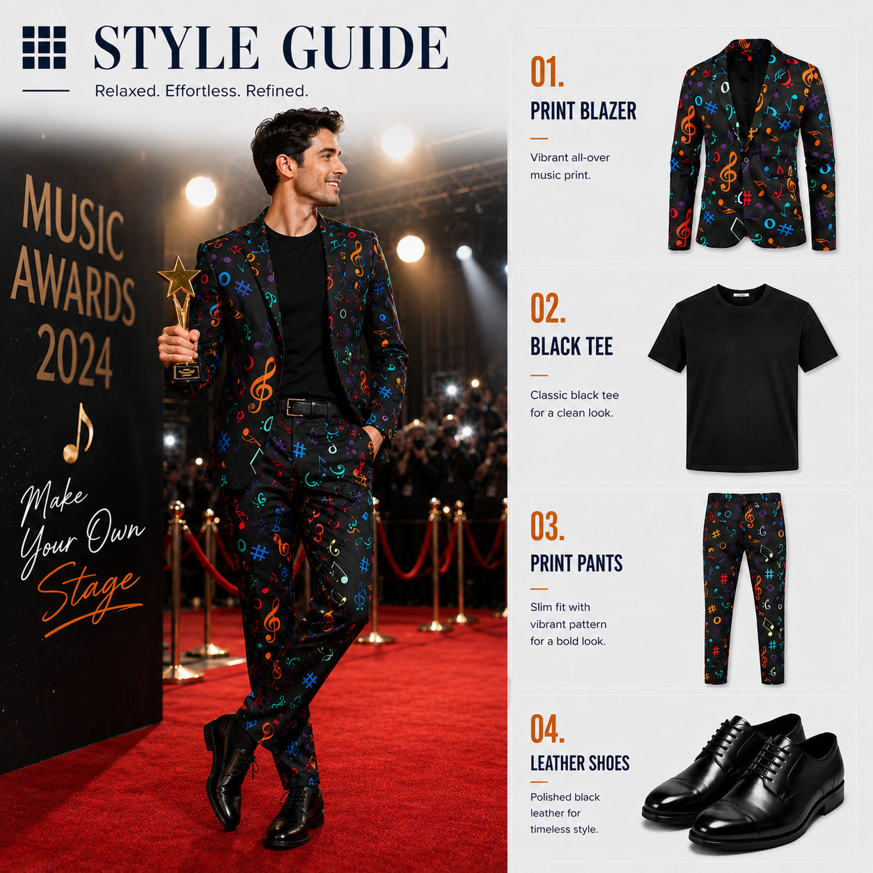 Red carpet style guide featuring a Wisholic men's music themed printed suit with matching print pants, a black t-shirt, and polished leather shoes.