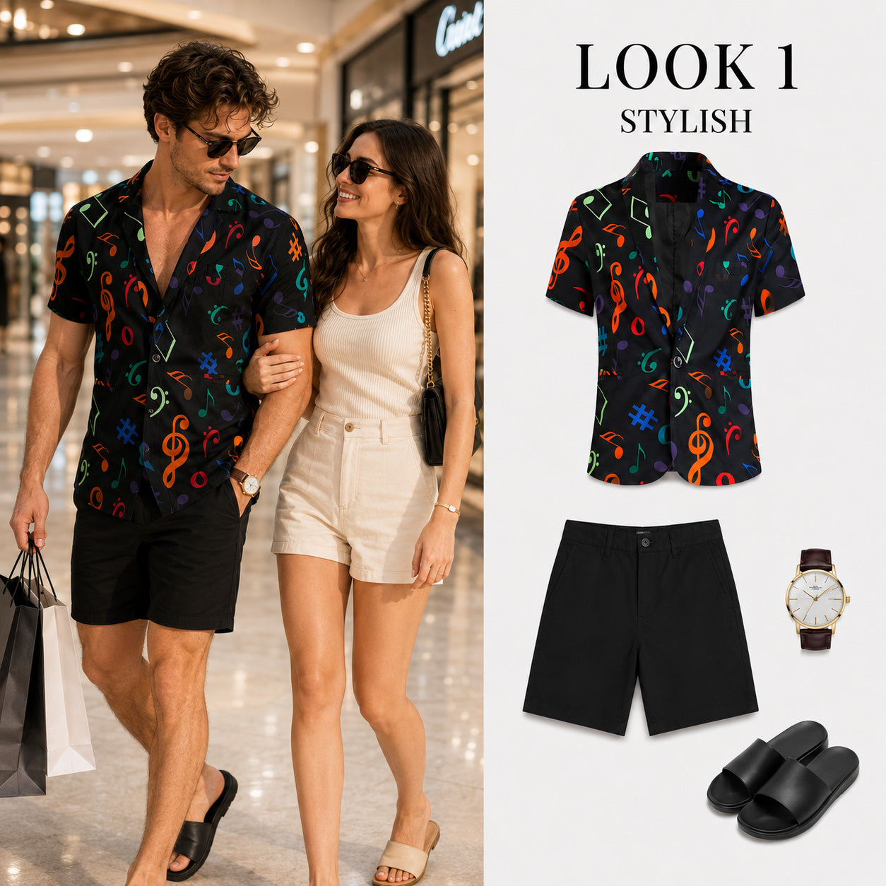 Lookbook style showing a man walking with a woman, wearing a musical note print short sleeve shirt blazer with solid black shorts.