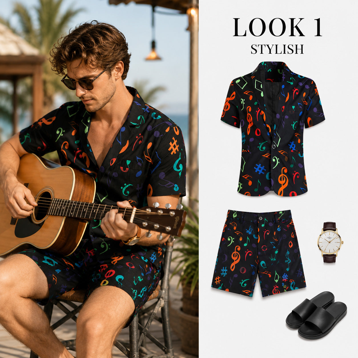 Shopify lookbook display showing Look 1: Men's black music note short sleeve blazer paired with matching printed shorts, watch, and slides.