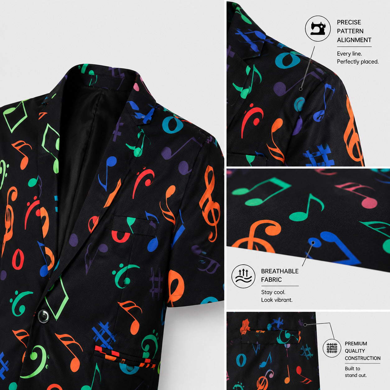 Product details of the men's music print blazer highlighting precise pattern alignment, breathable fabric, and premium construction.