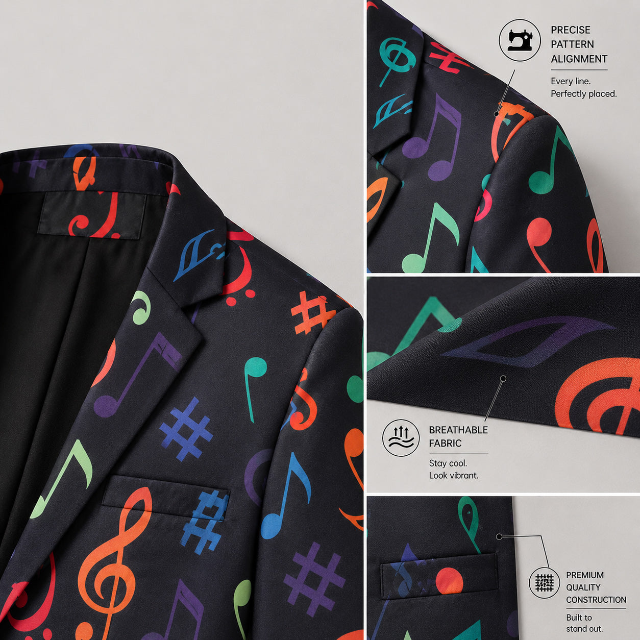 Close-up details of a Wisholic men's music printed suit, showcasing the precise pattern alignment, breathable fabric texture, and premium quality construction.